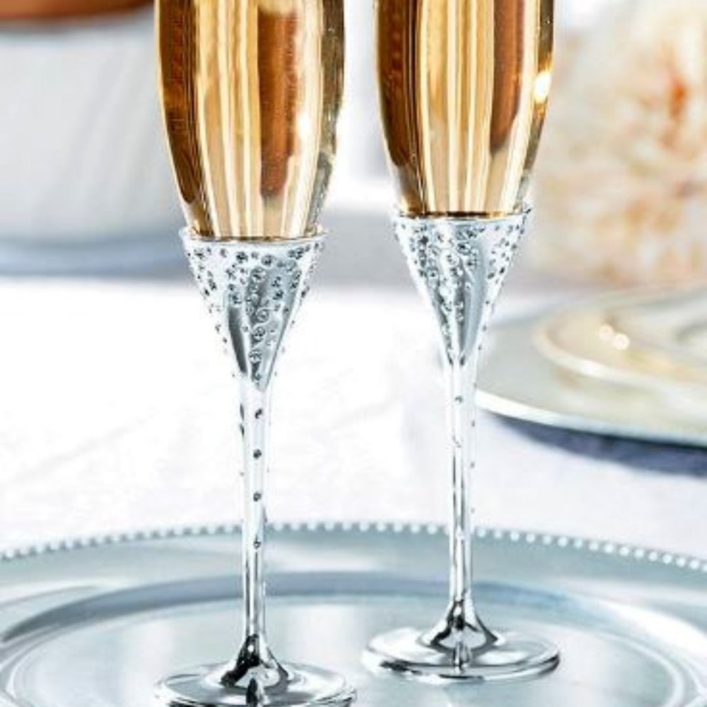 B40-NEW Pair (2) Toasting Glass Champagne Flutes with Crystals